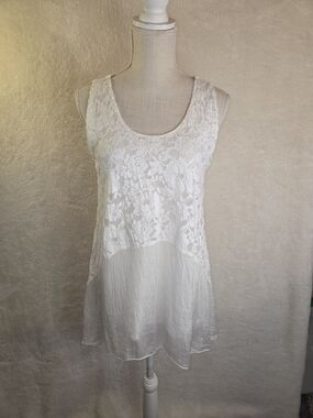 Ambra Made In Italy White Silk & Lace Tunic Top Lagenlook Boho, Whimsical Sz M